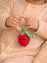 Strawberry Crochet Baby Rattle | Handmade Toy | Ideal for Sensory and Motor Skills Development