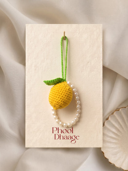 Lemon & Pearls Handmade Crochet Charm | Ideal as Car and Keychain Accessory and Backpack Decoration
