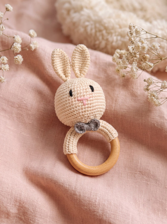 Bow Tie Bunny Crochet Baby Rattle | Handmade Toy | Ideal for Sensory and Motor Skills Development