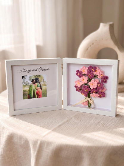 Pink Forever Frame with Handmade Crochet Flower Bunch | Perfect for Home Decor and Workdesk