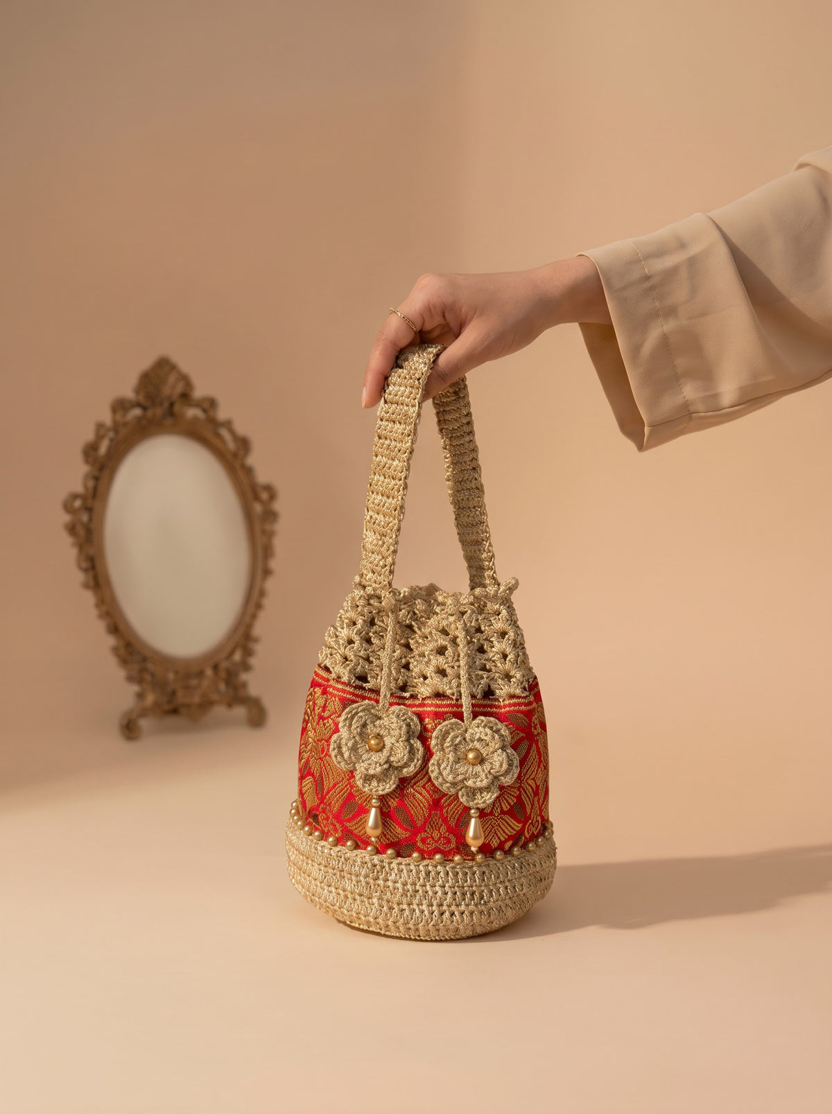 Ruby Handmade Crochet Potli Bag | Perfect Handbag for Saree and Lehenga
