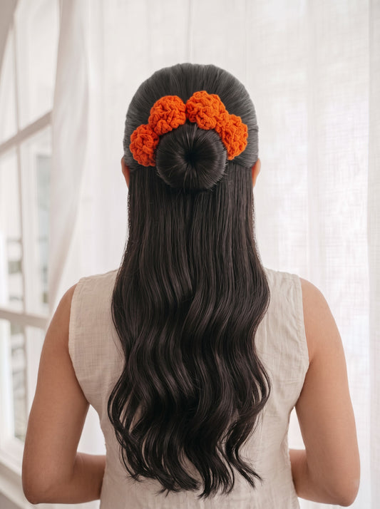 Marigold Handmade Crochet Gajra | Ideal Never-Wilting Reusable Flower Hair Accessory