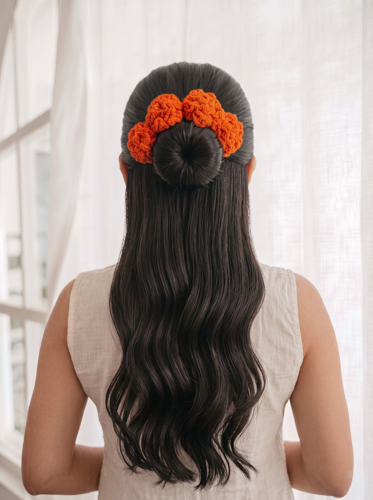 Orange Marigold Handmade Crochet Gajra | Ideal Never-Wilting Reusable Flower Hair Accessory